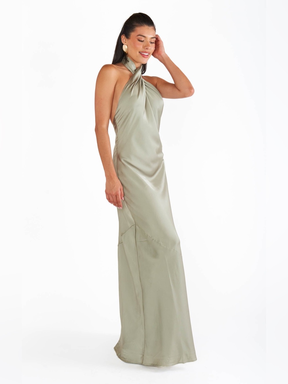 Show Me Your MuMu Jasmine Halter Maxi Dress XL in Moss Green Luxe Satin